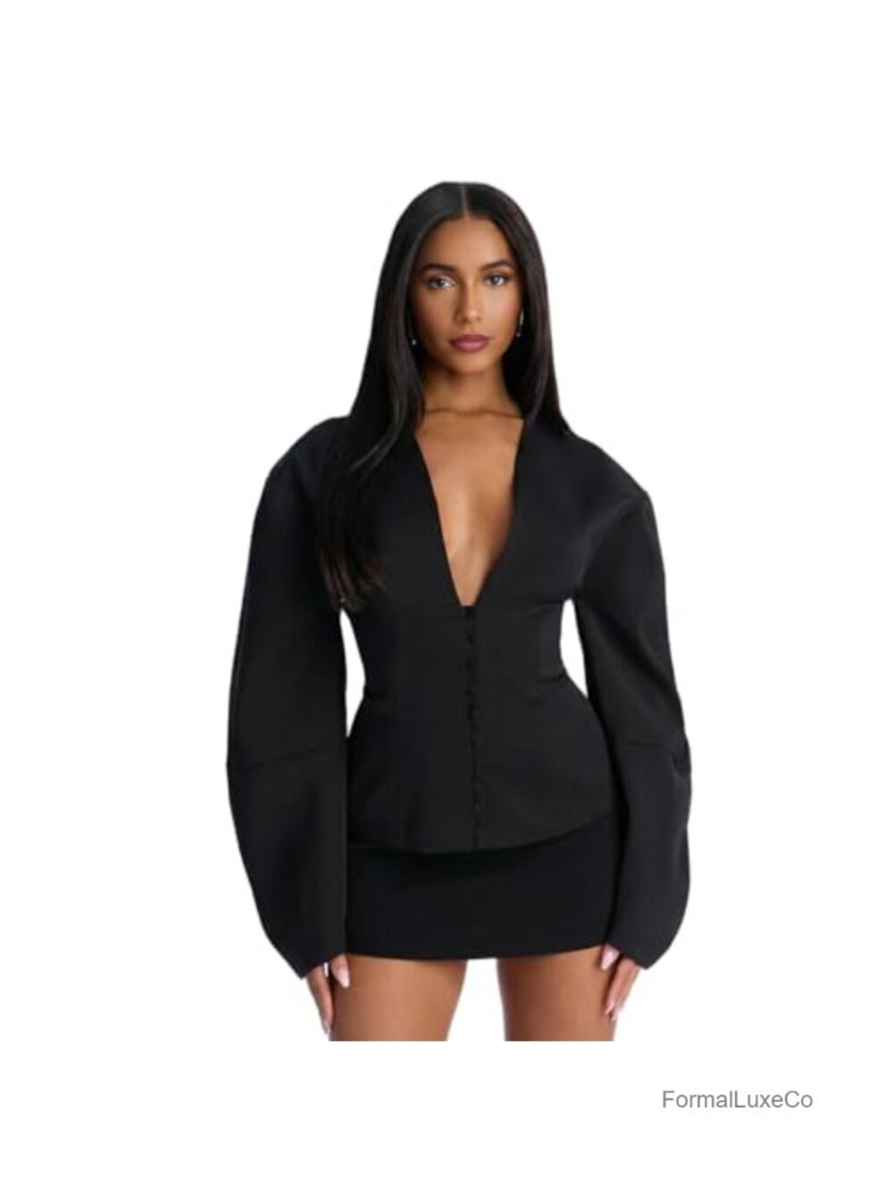Women's Padded Shoulder Puff Sleeve Blazer Slim Fit V-Neck Button Front